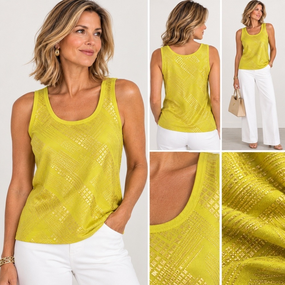 St. John Sport Tank Top Womens XL Yellow Metallic Foil Print Viscose Sleeveless